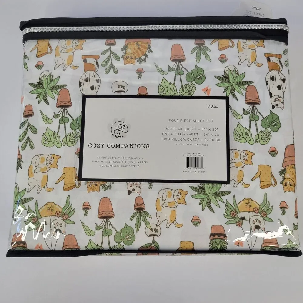 Cats Plants 4pc FULL Sheet Set Calico Orange Tabby Fern Aloe Monstera Succulents